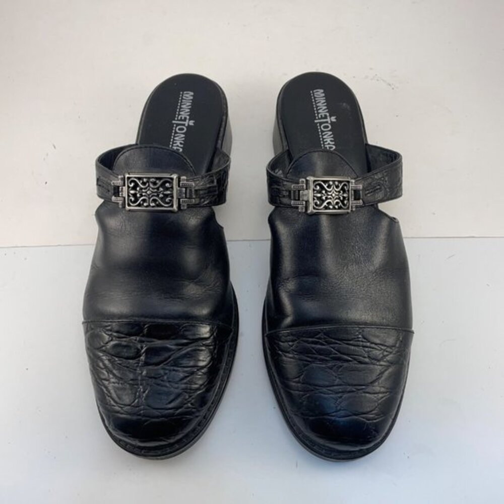 Minnetonka Black Leather Slip-On Mules with Ornate Silver Buckle